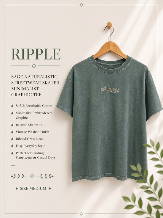 Ripple Tops - Ripple Sage Naturalistic Streetwear Skater Minimalist Graphic Tee Size Medium